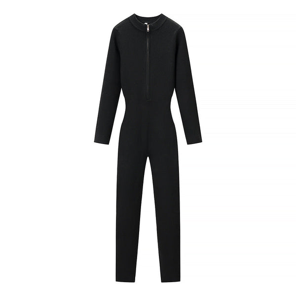 Vera | Knit Jumpsuit Half Zip Black Long Sleeve
