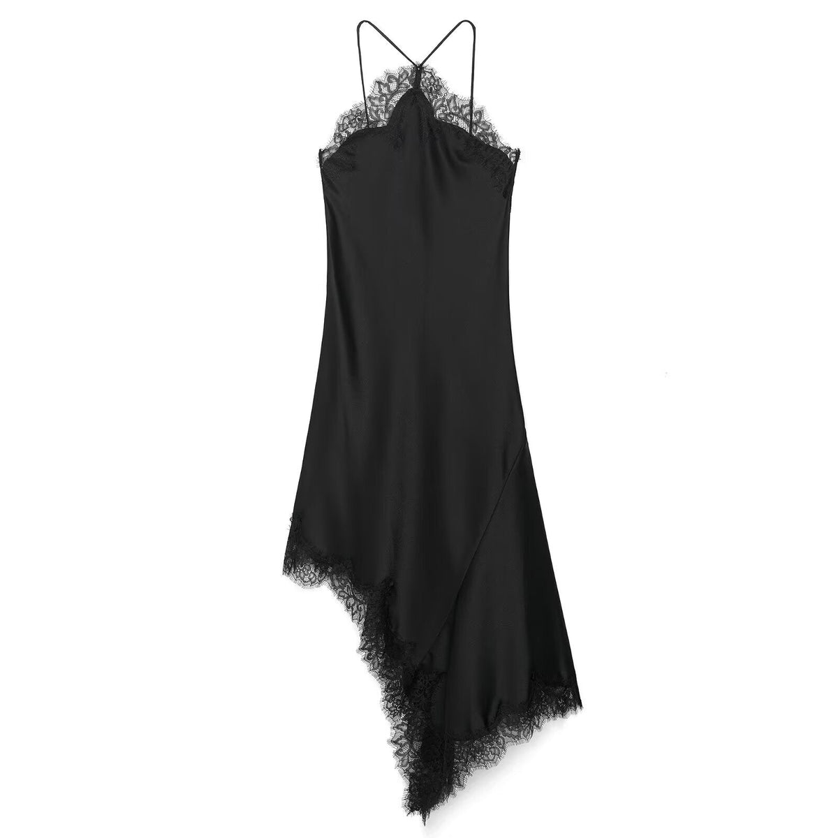 Vera | Lace Trim Satin Slip Dress Brown V Neck