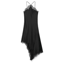 Vera | Lace Trim Satin Slip Dress Brown V Neck