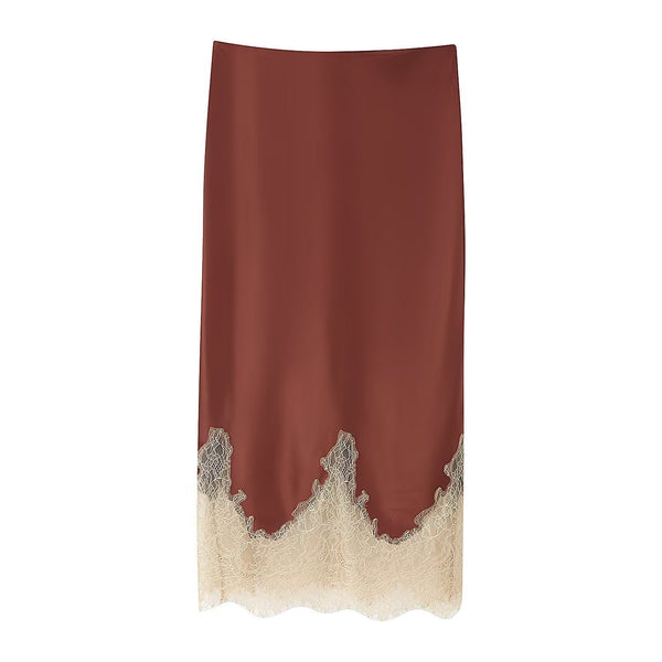 Neve | Lace Trim Midi Skirt Burgundy Cream