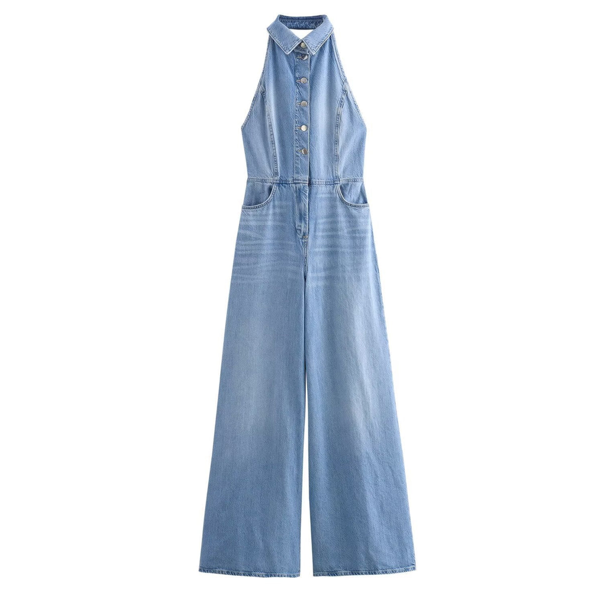 Vera | Denim Jumpsuit Light Blue Halter Collared Wide Leg