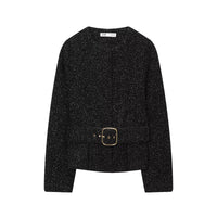 Iris | Matching Two Piece Set Belted Tweed Black Crew Neck