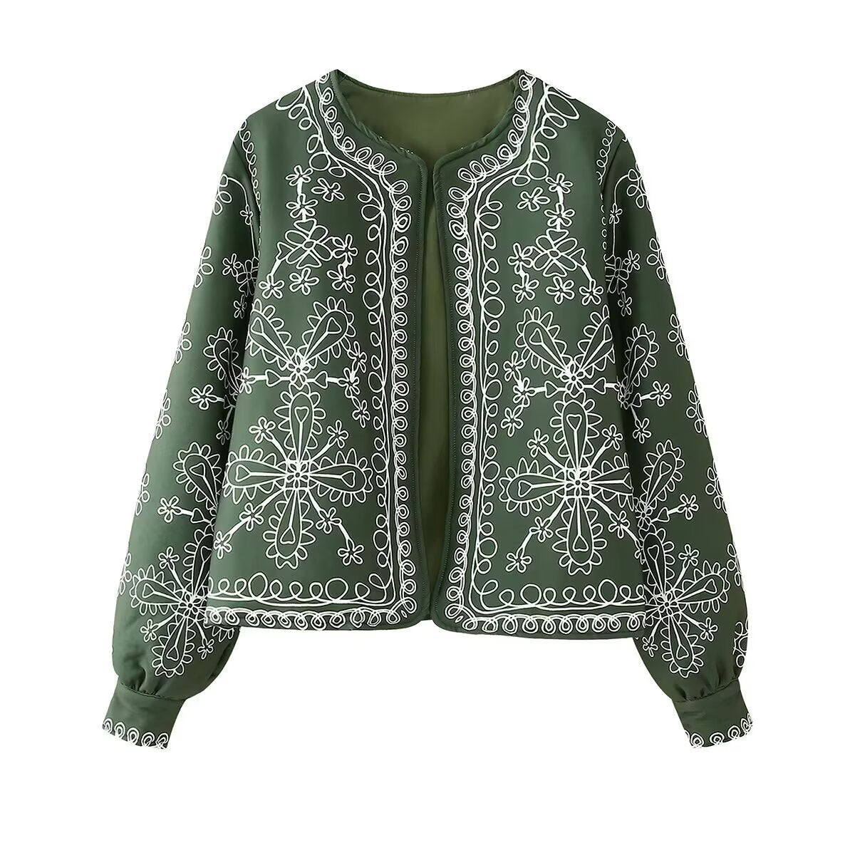 Neve | Embroidered Cropped Jacket Green Floral Detail