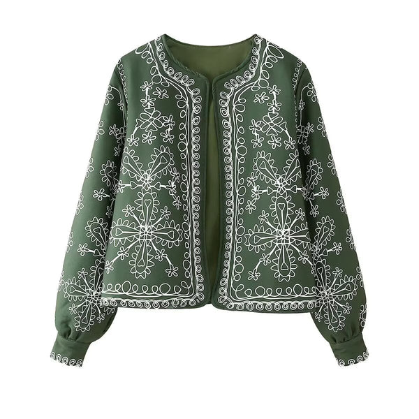 Neve | Embroidered Cropped Jacket Green Floral Detail