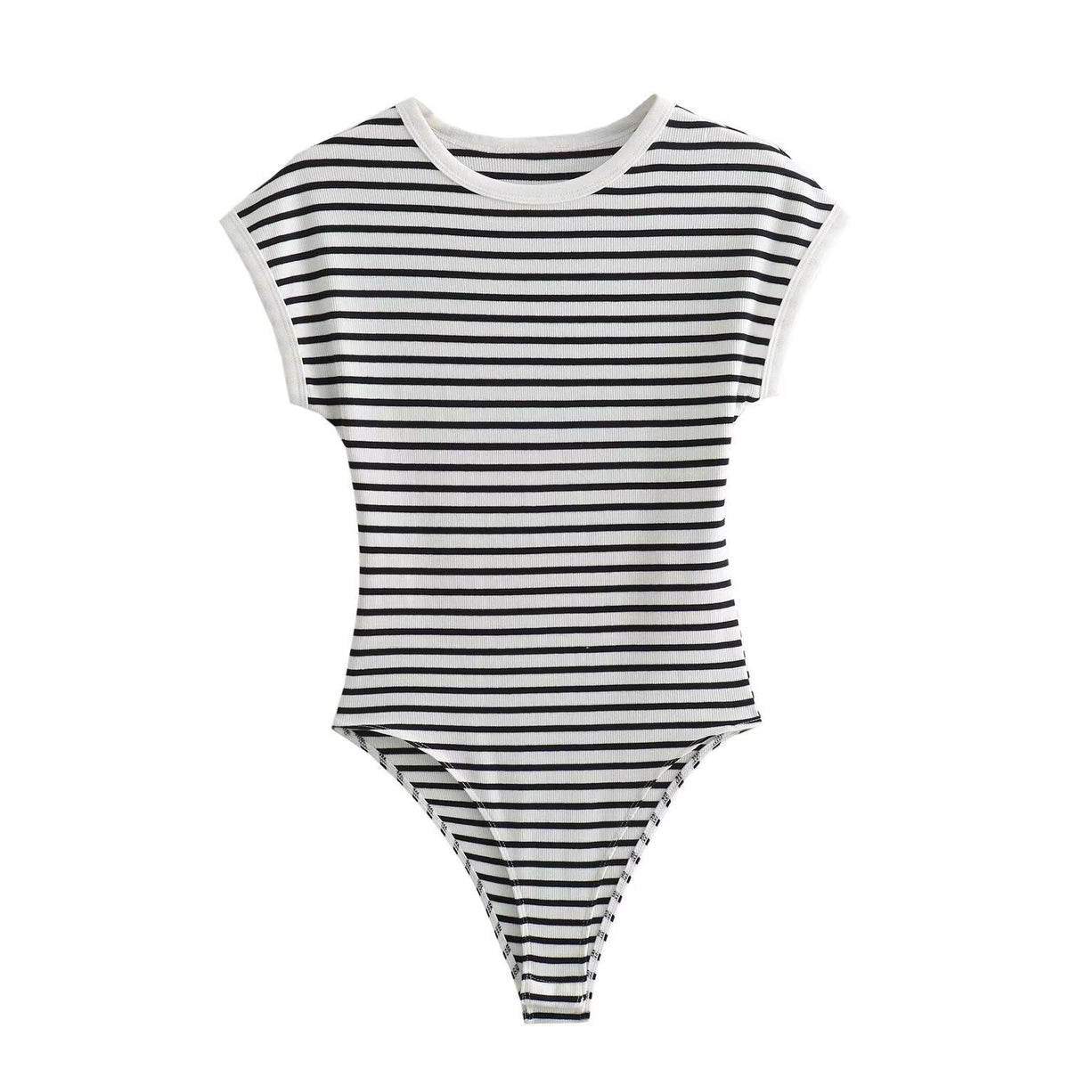 Vera | Striped Knit Bodysuit Cream Black Short Sleeve