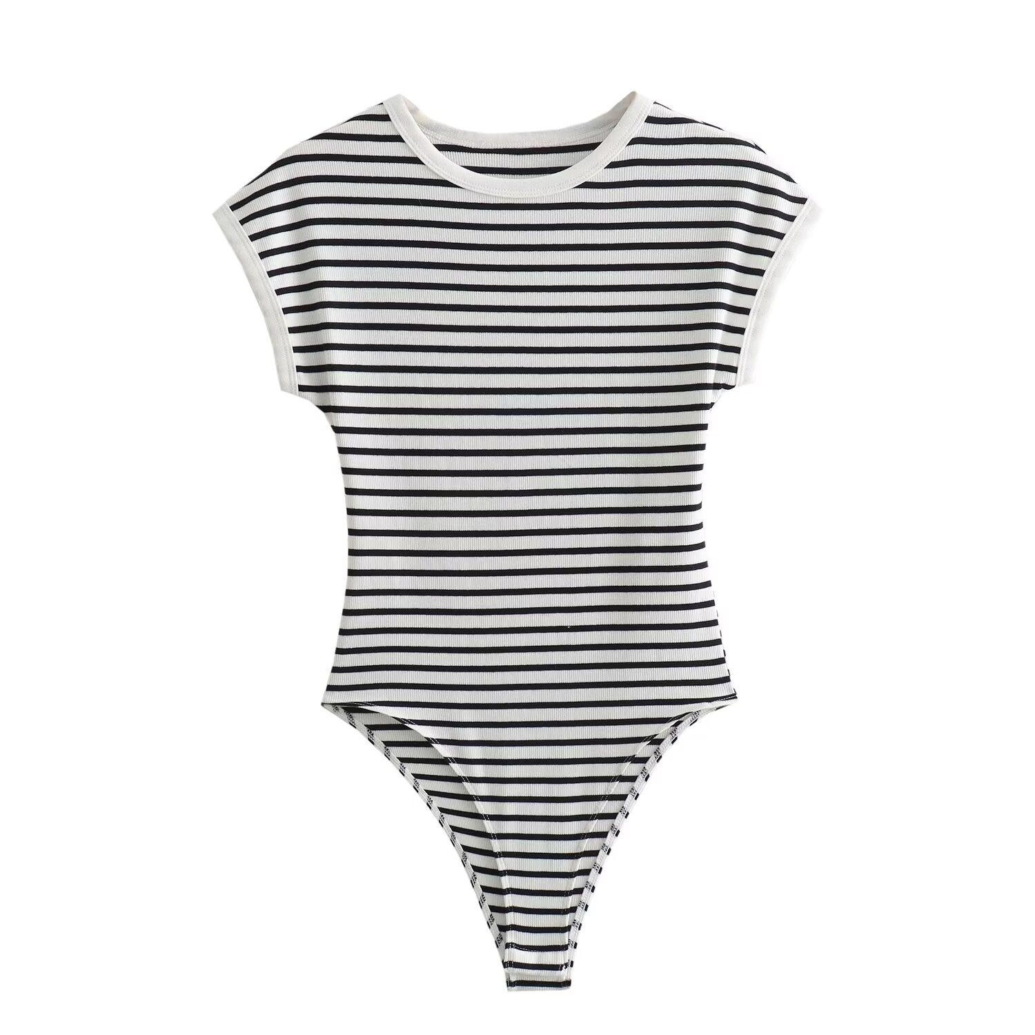 Vera | Striped Knit Bodysuit Cream Black Short Sleeve