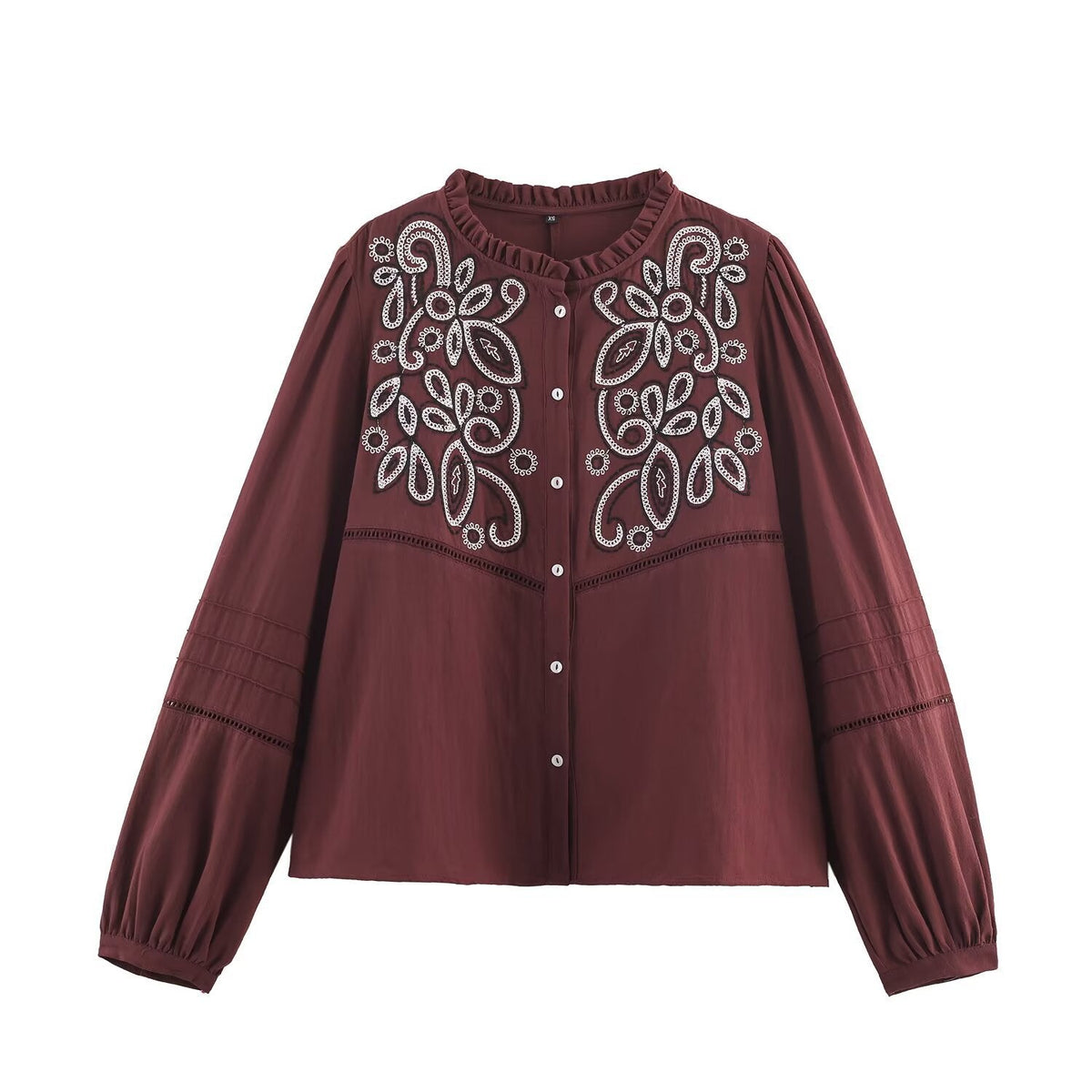 Fleur | Puff Sleeve Embroidered Blouse Burgundy Button Up