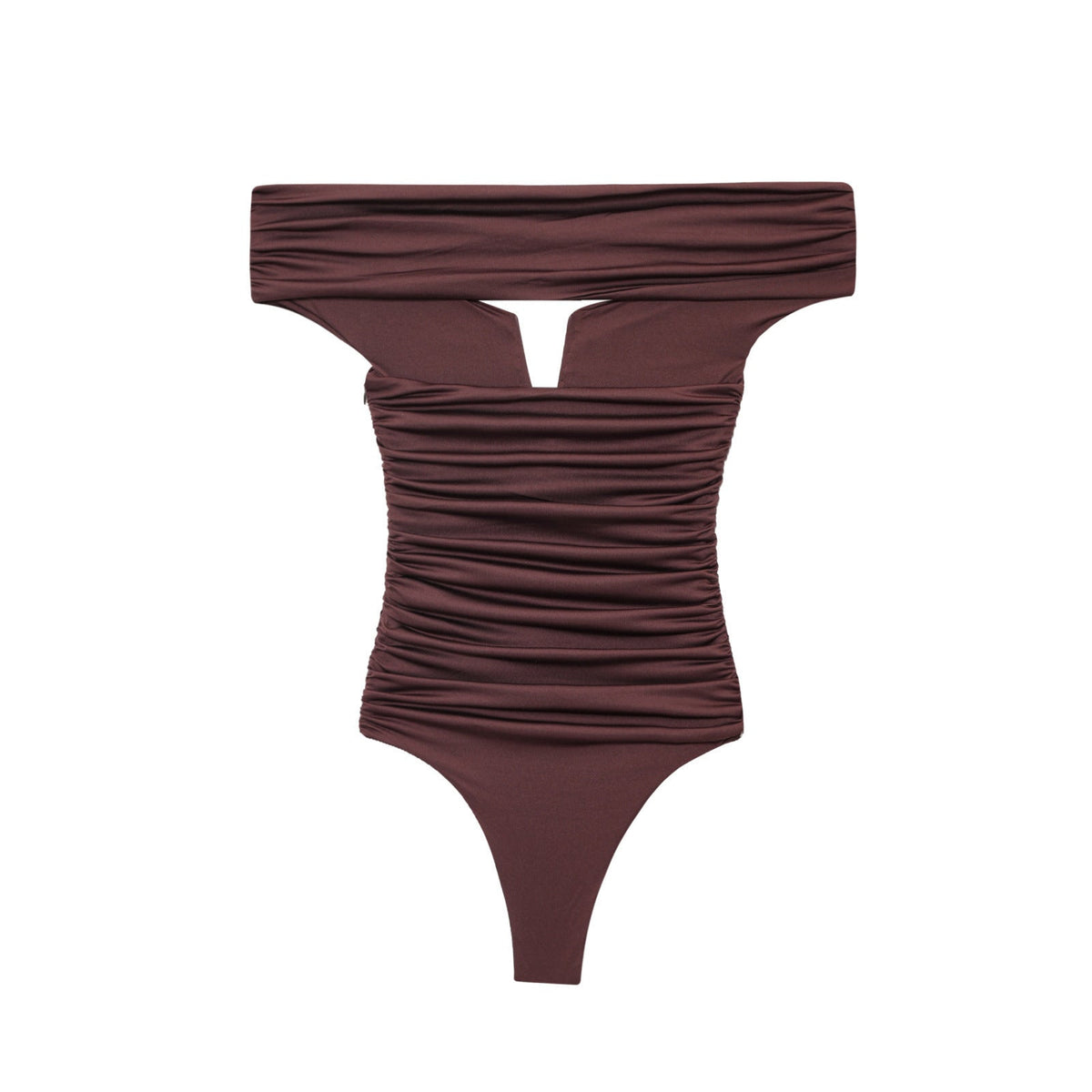 Lola | Ruched Off Shoulder Bodysuit Brown Cutout