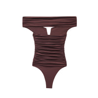 Lola | Ruched Off Shoulder Bodysuit Brown Cutout