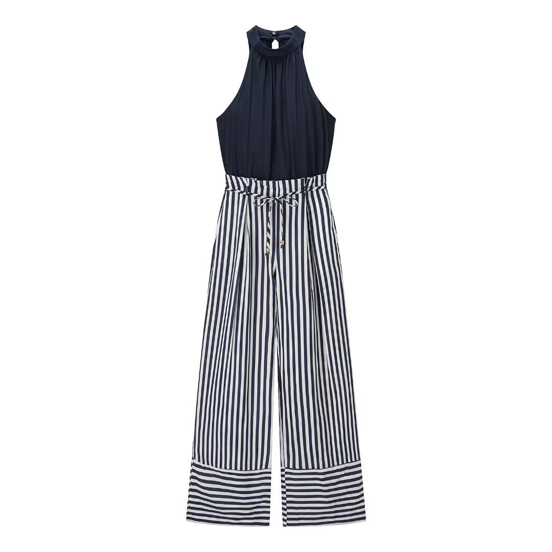 Isla | Striped Wide Leg Jumpsuit Navy White Halter Neck