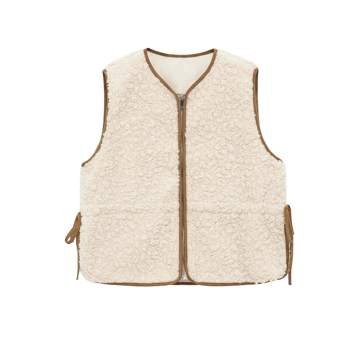Vera | Sherpa Fleece Vest Cream Brown Trim Zip Up