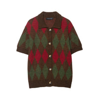 Vera | Argyle Cardigan Brown Red Green Short Sleeve