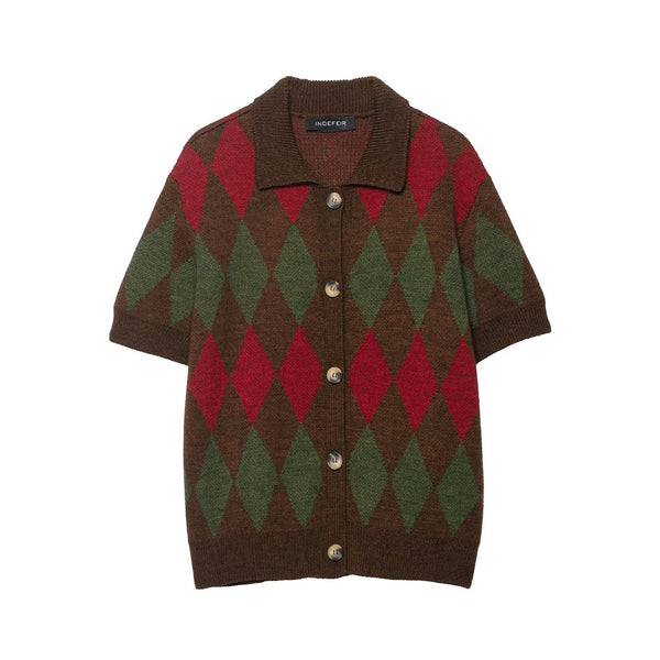Vera | Argyle Cardigan Brown Red Green Short Sleeve