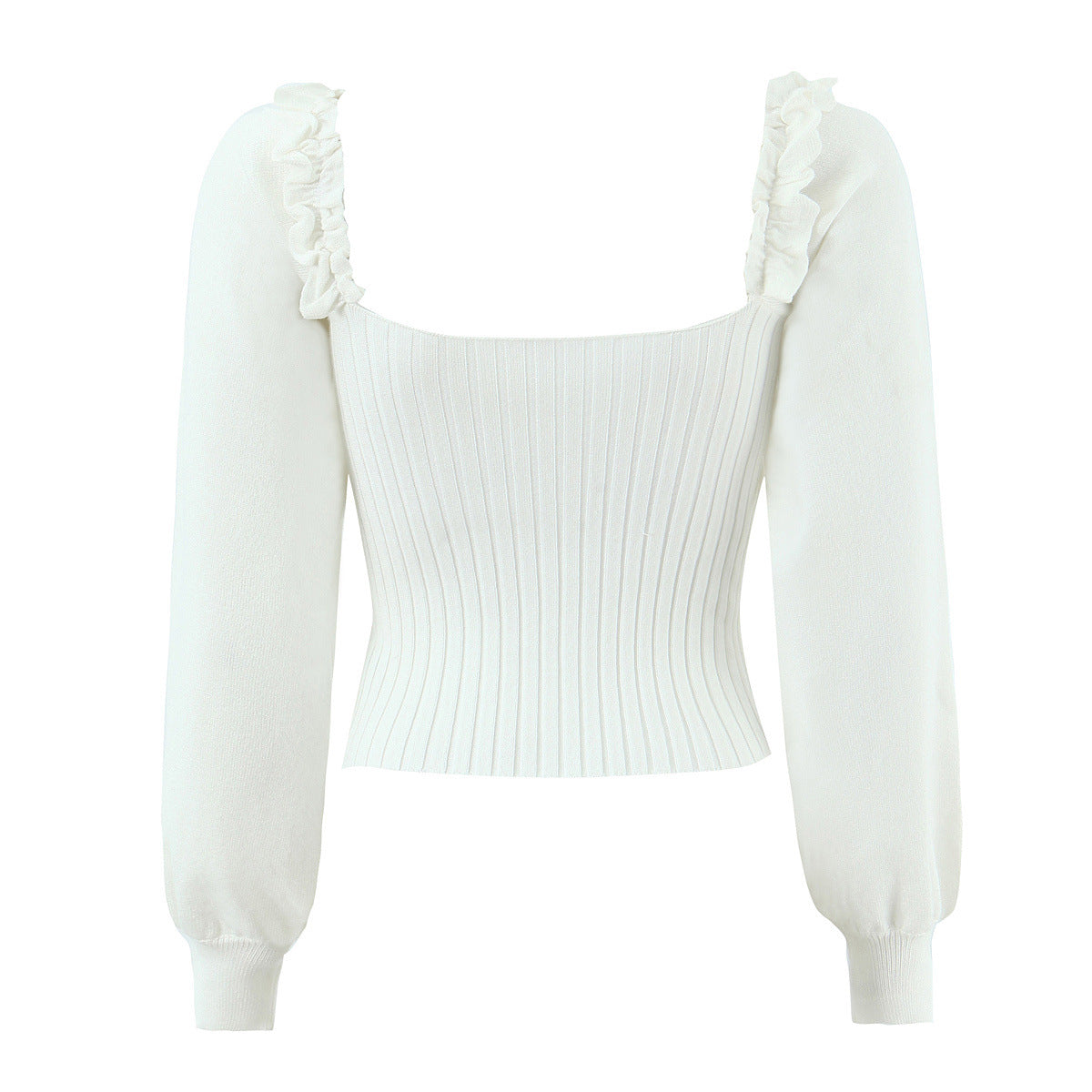 Romy | Puff Sleeve Ribbed Knit Sweater Cream V Neck