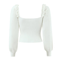 Romy | Puff Sleeve Ribbed Knit Sweater Cream V Neck