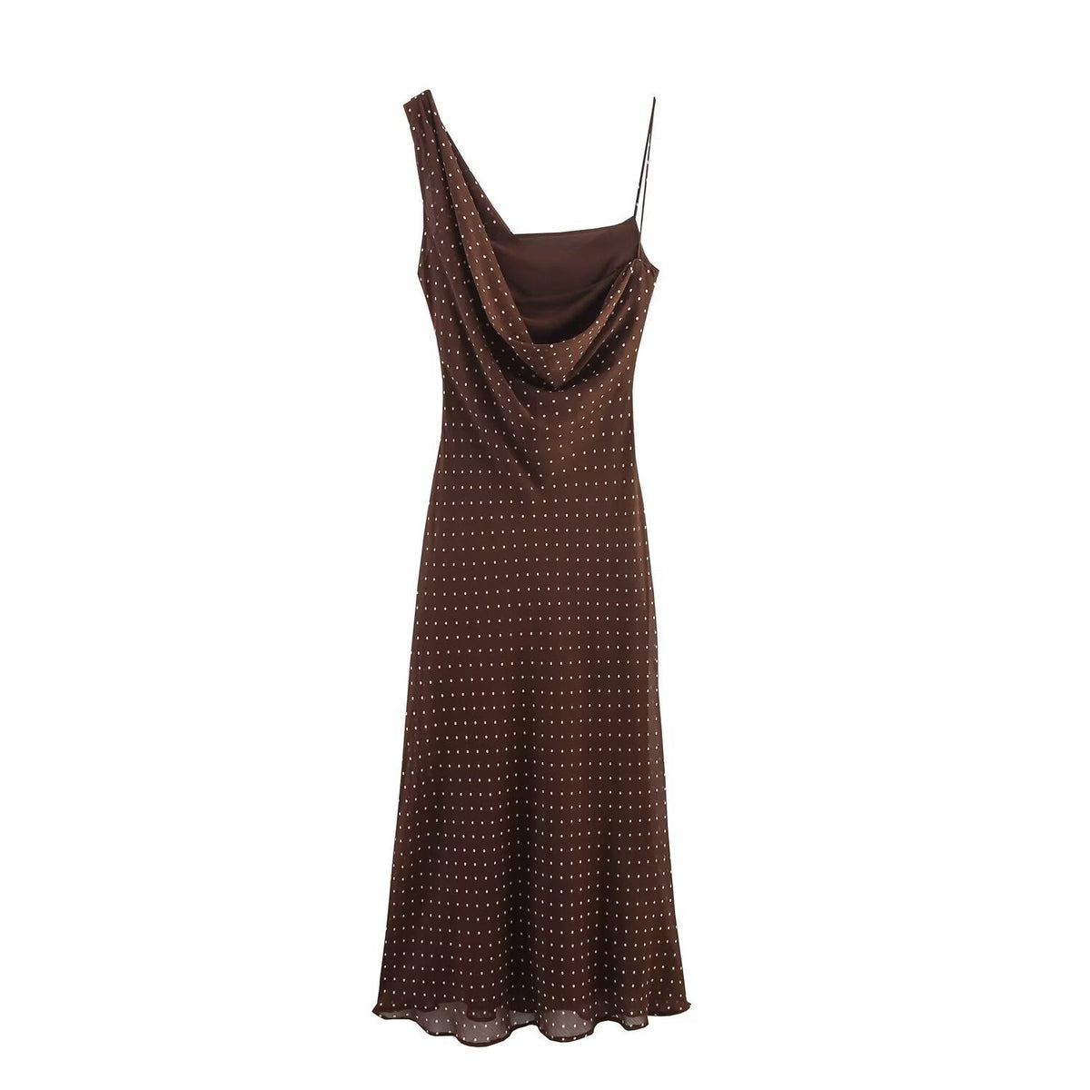 Luisa | Polka Dot Midi Dress Brown Cowl Neck