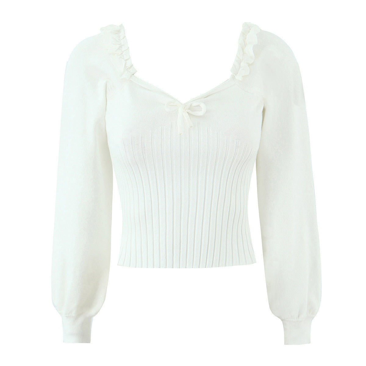 Romy | Puff Sleeve Ribbed Knit Sweater Cream V Neck