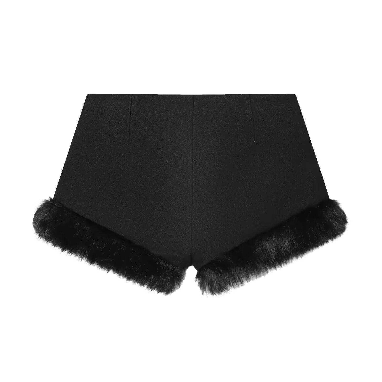 Etta | Faux Fur Trim Hot Pants Black High Waisted