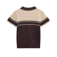 Cleo | Preppy Ribbed Knit Polo Cream Brown Striped Collar