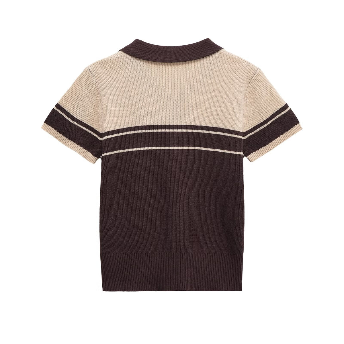 Cleo | Preppy Ribbed Knit Polo Cream Brown Striped Collar