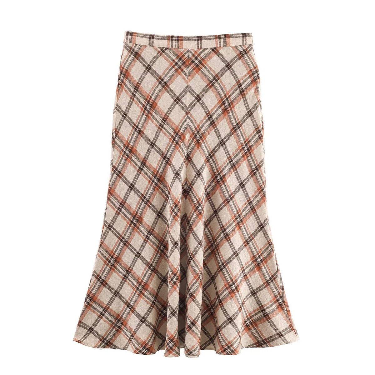 Iris | Plaid Midi Skirt Cream Brown High Waisted