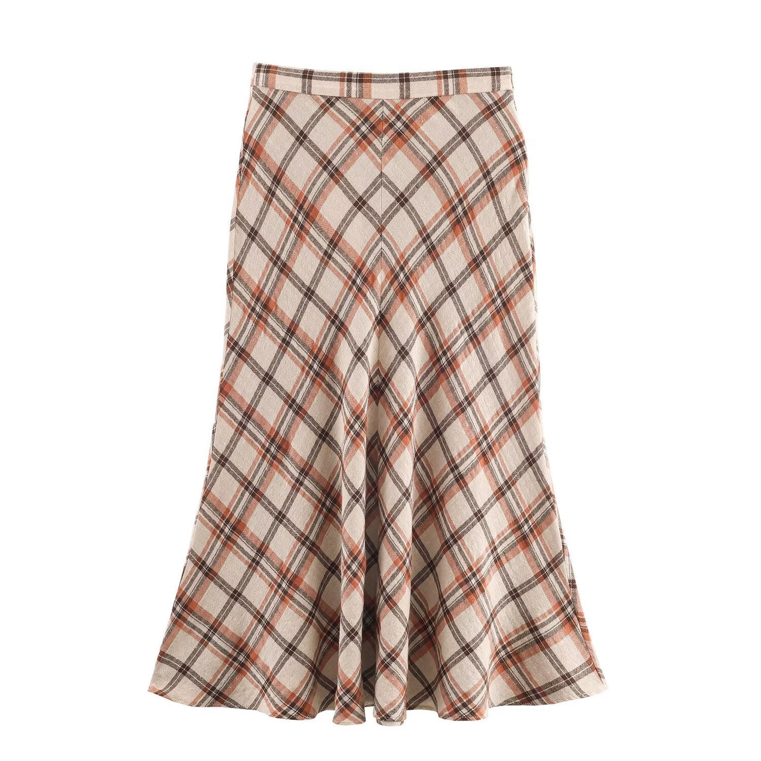 Iris | Plaid Midi Skirt Cream Brown High Waisted