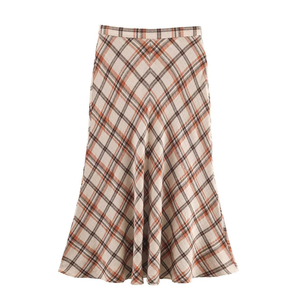 Iris | Plaid Midi Skirt Cream Brown High Waisted