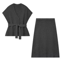 Alma | Knit Set Gray Wrap Belted Top Midi Skirt