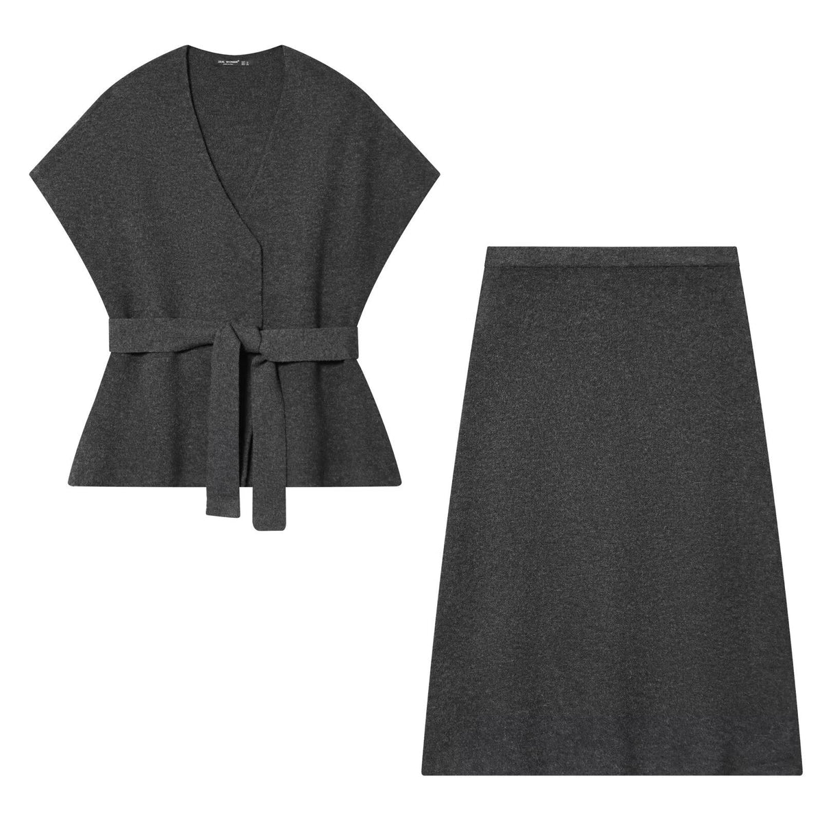 Alma | Knit Set Gray Wrap Belted Top Midi Skirt