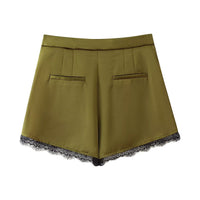 Lux | Pleated Shorts Olive Green Lace Trim