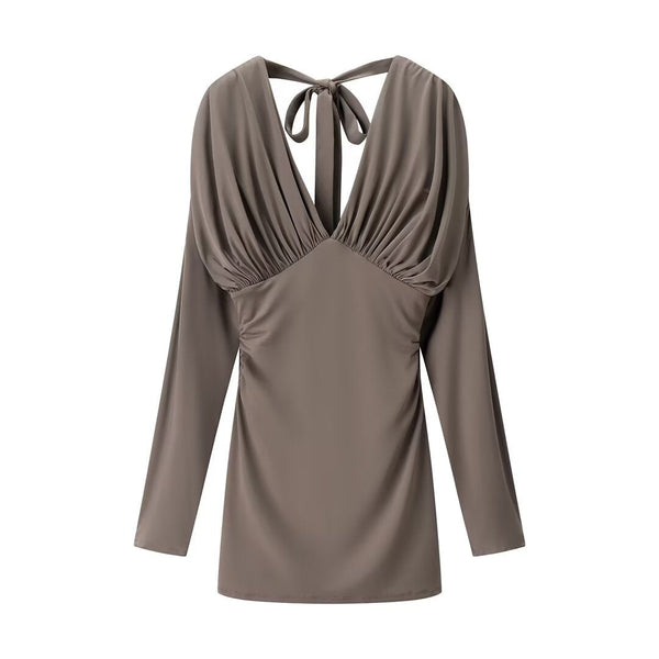 Isla | Ruched Tie Back Long Sleeve Dress Taupe