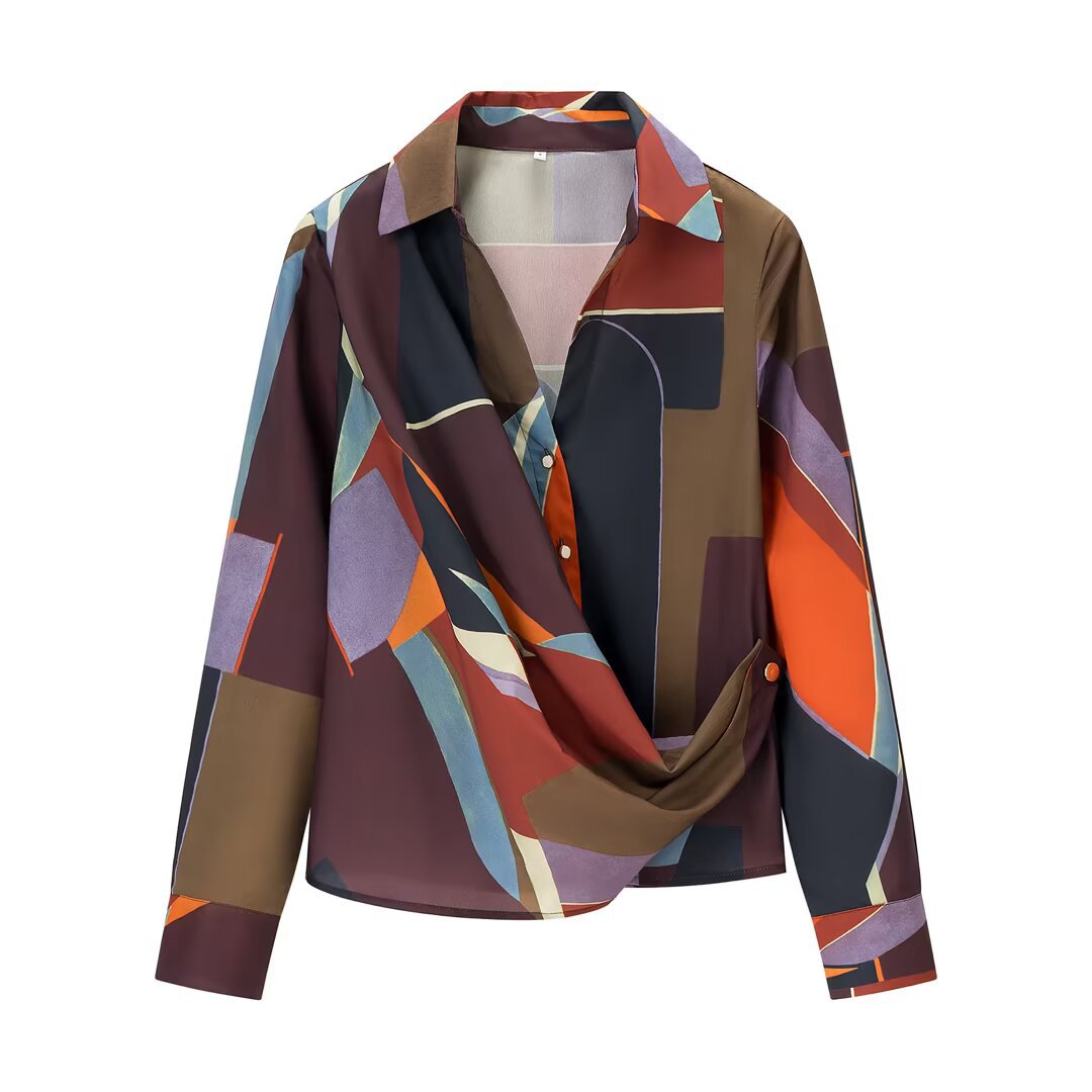 Vera | Colorblock Wrap Blouse Brown Orange Abstract