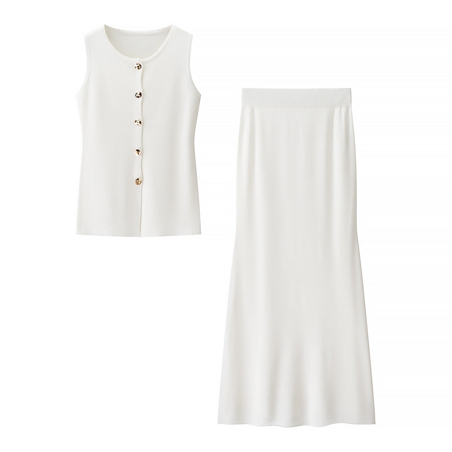 Viola | Knit Skirt Set Cream Button Front Vest Maxi