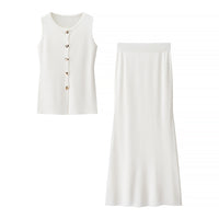 Viola | Knit Skirt Set Cream Button Front Vest Maxi