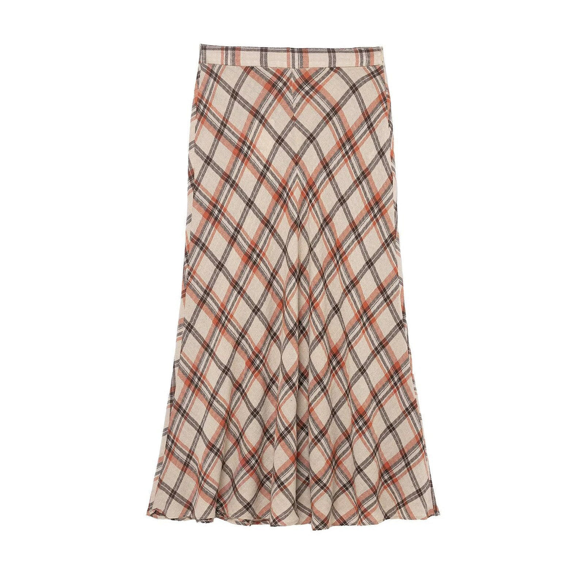 Isla | Plaid Midi Skirt Cream Brown Orange A Line Flared