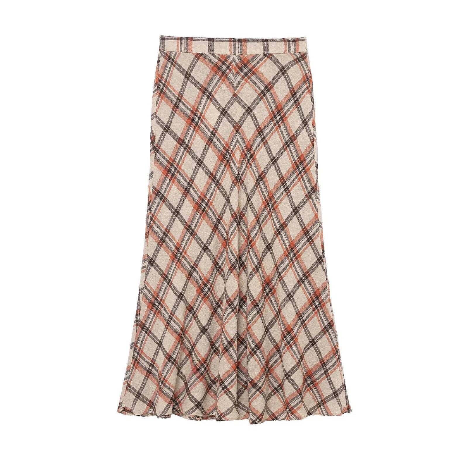 Isla | Plaid Midi Skirt Cream Brown Orange A Line Flared