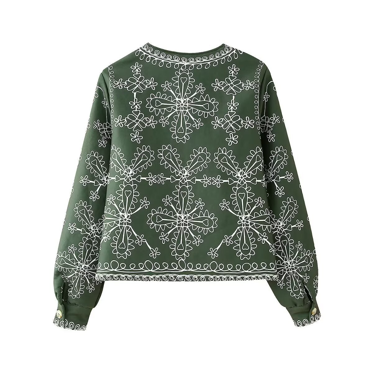 Neve | Embroidered Cropped Jacket Green Floral Detail