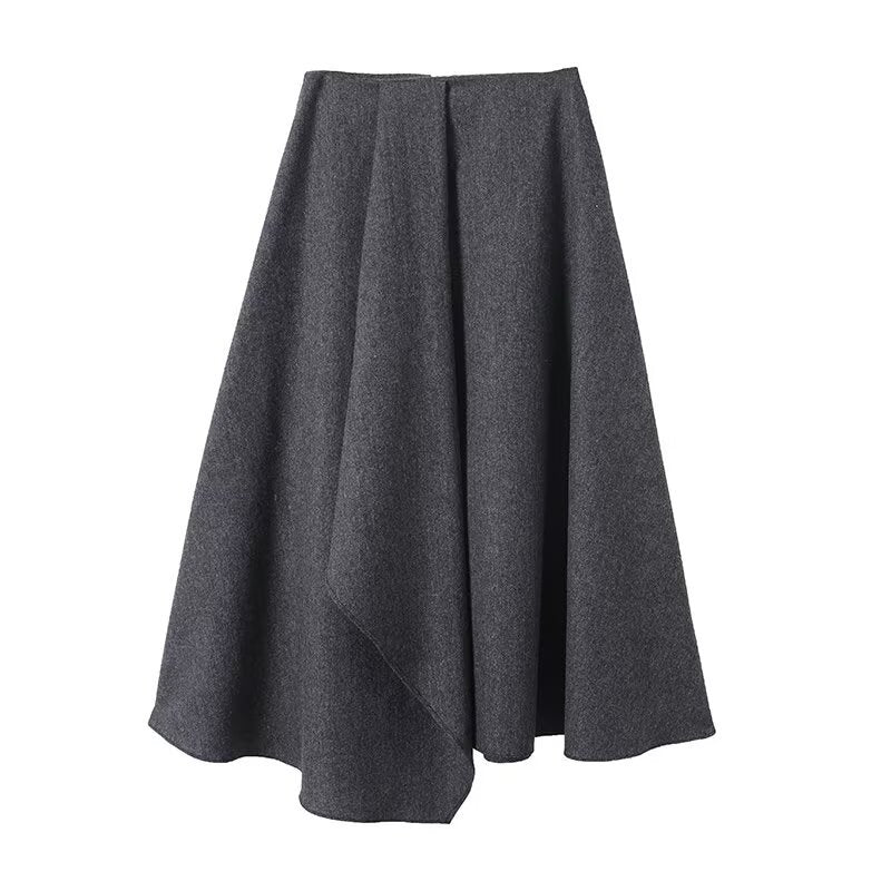 Zuri | A Line Midi Skirt Gray Wool Blend Asymmetrical