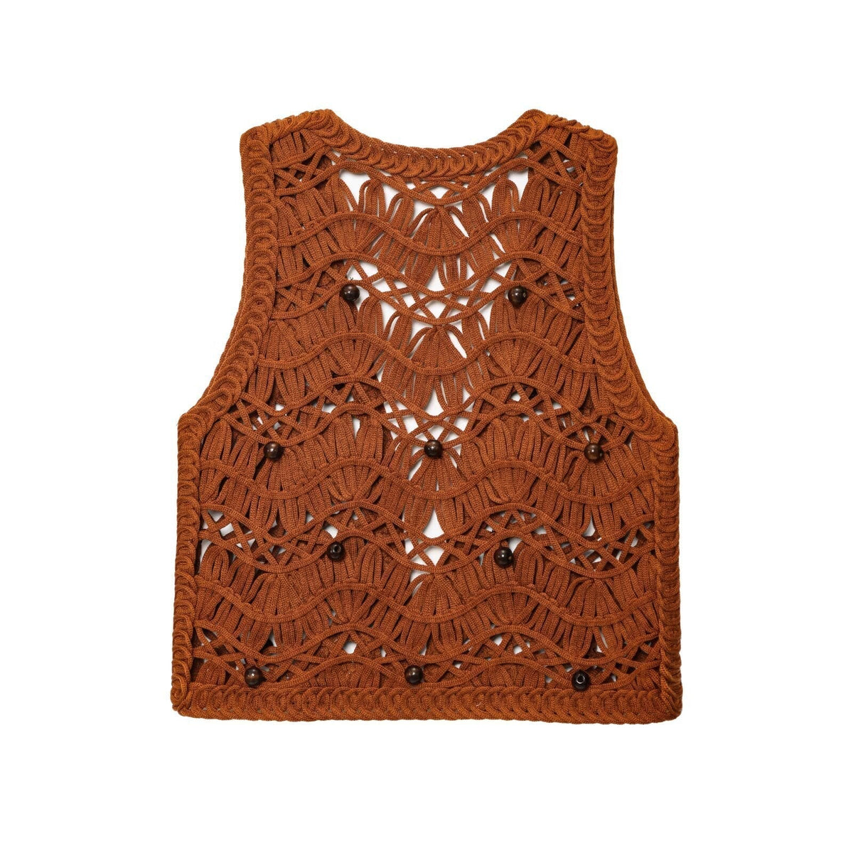 Neve | Crochet Beaded Vest Brown Button Front Sleeveless