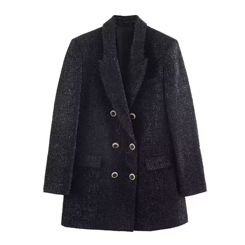 Stella | Double Breasted Tweed Blazer Black Oversized