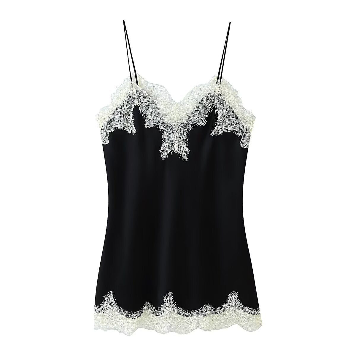 Alma | Lace Camisole Black Cream Trim Satin