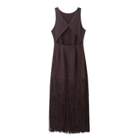 Neve | Pleated Midi Dress Brown Fringe Hem