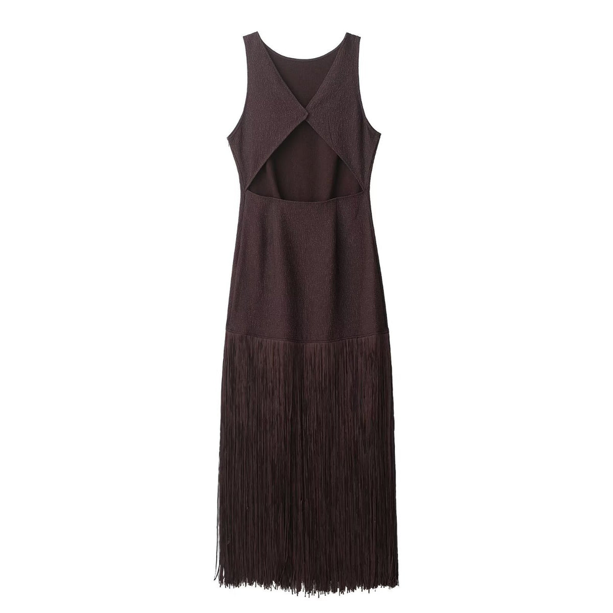 Neve | Pleated Midi Dress Brown Fringe Hem