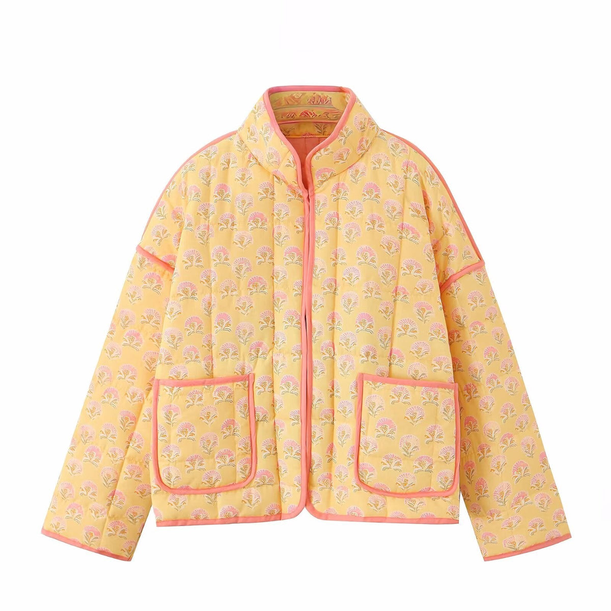 Isla | Quilted Floral Print Jacket Yellow Pink Trim