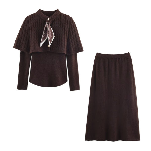 Luisa | Knit Skirt Set Brown Cable Scarf Detail