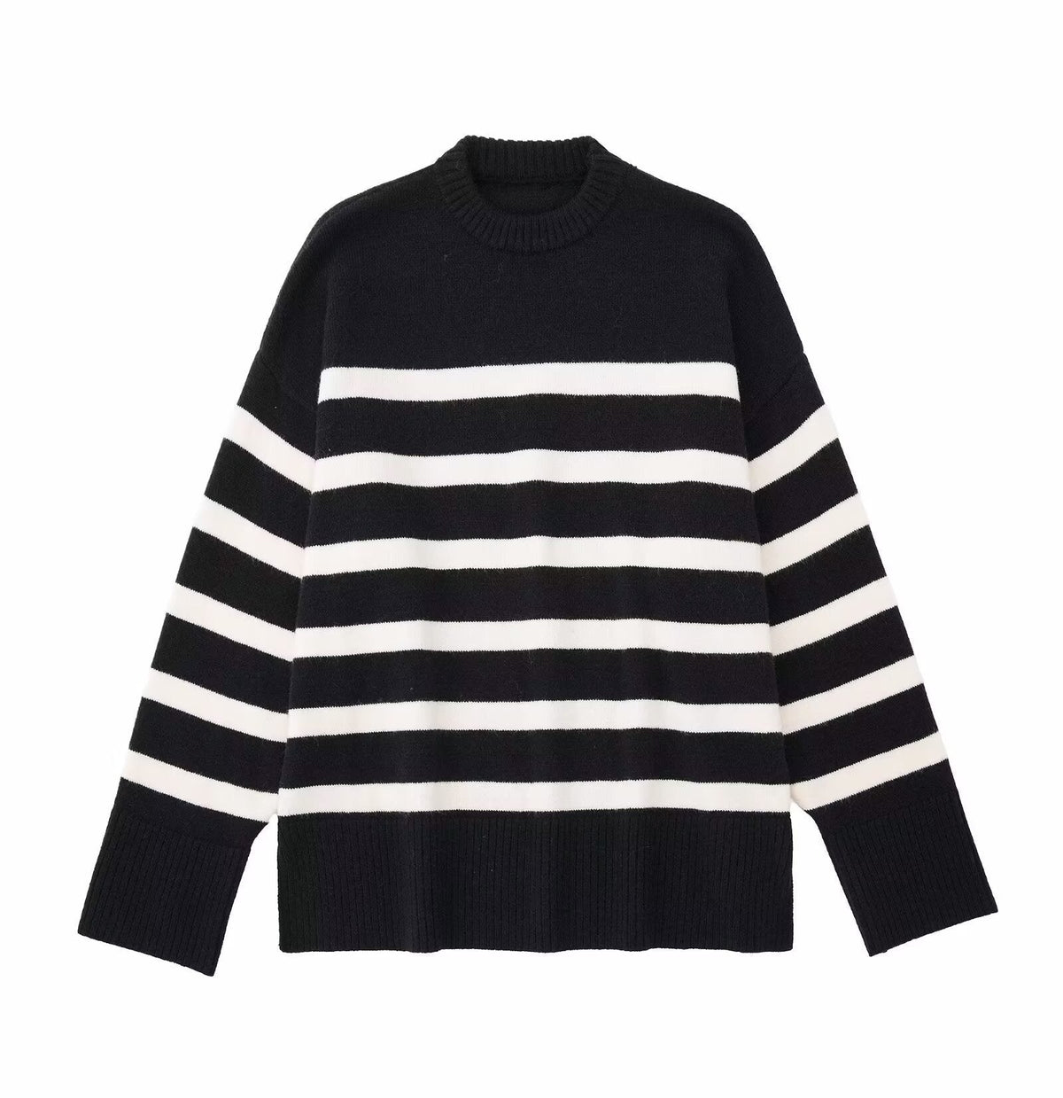 Neve | Striped Knit Sweater Black Cream Crew Neck