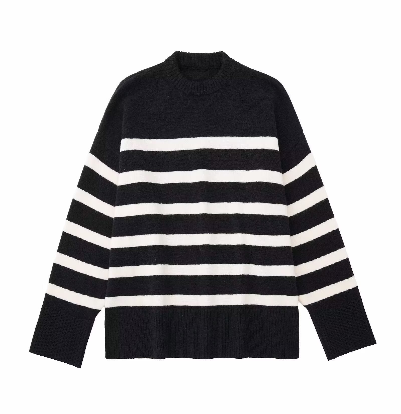 Neve | Striped Knit Sweater Black Cream Crew Neck
