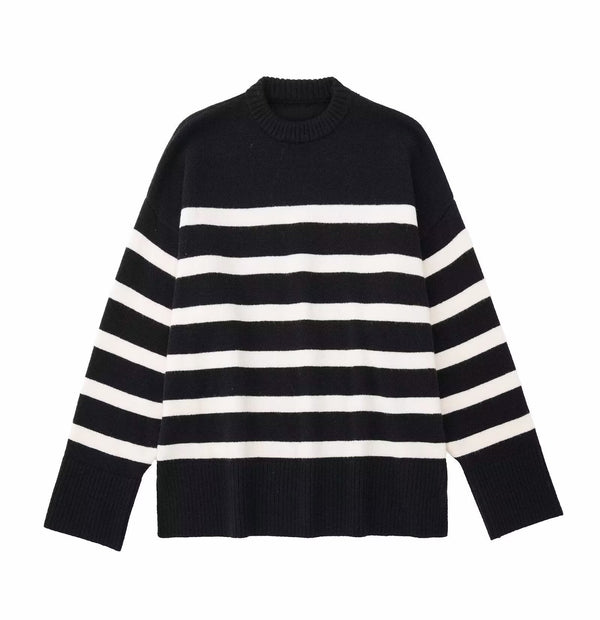 Neve | Striped Knit Sweater Black Cream Crew Neck
