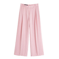 Vera | Pleated Wide Leg Pants Pink Button Detail