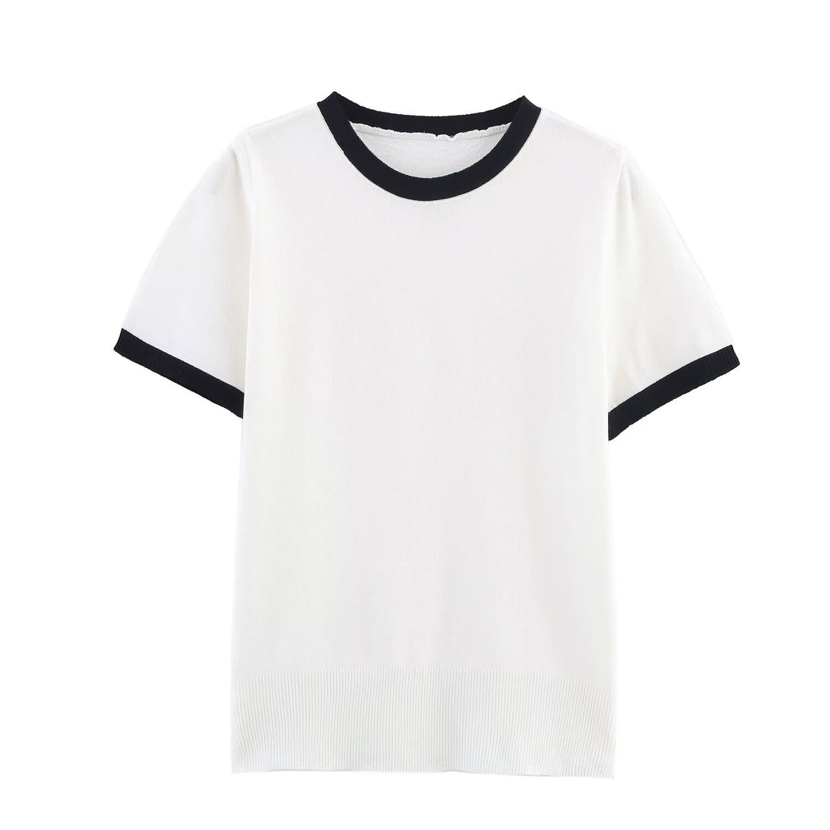 Vera | Crew Neck Knit Top Gray Black Trim Short Sleeve